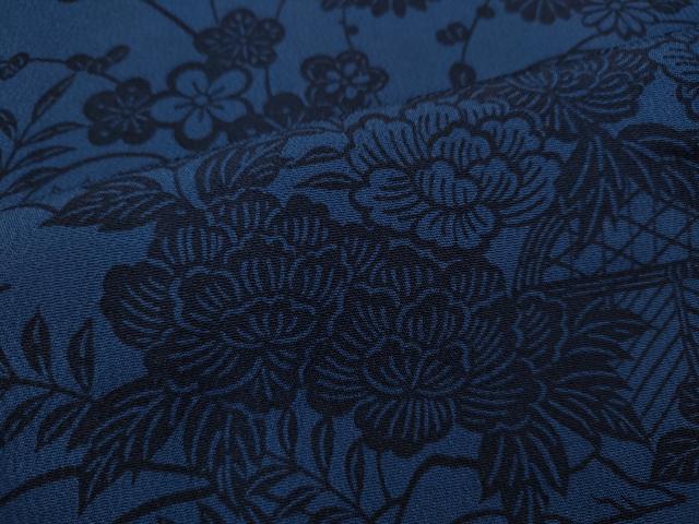 平和屋着物▽上質な小紋　単衣　藍　型染め　流水籬草花文　正絹　逸品　CAAR4956ut