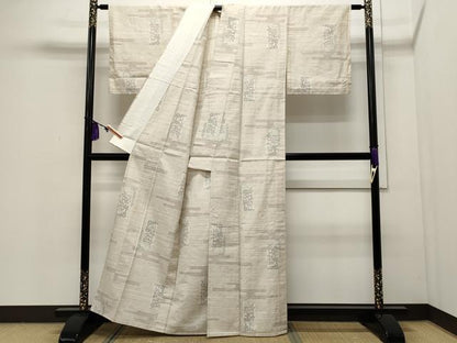 平和屋着物▽上質な紬 単衣 100亀甲 エ霞短冊笹竹文 正絹 逸品 CAAR4957ut
