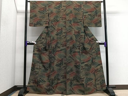 平和屋着物▽小紋 単衣 舞蝶文 黒地 洗える着物 CAAR6000xi