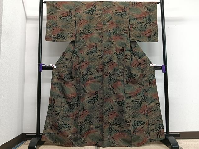 平和屋着物▽小紋 単衣 舞蝶文 黒地 洗える着物 CAAR6000xi