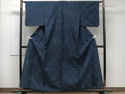平和屋着物▽上質な紬 単衣 市松文様 正絹 逸品 CAAR6233kb
