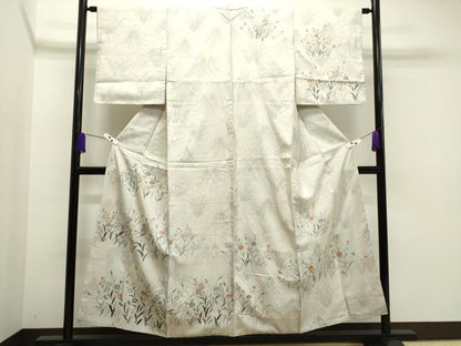 平和屋着物●訪問着　紬地　手描き　草花文　正絹　逸品　CAAR6522ze