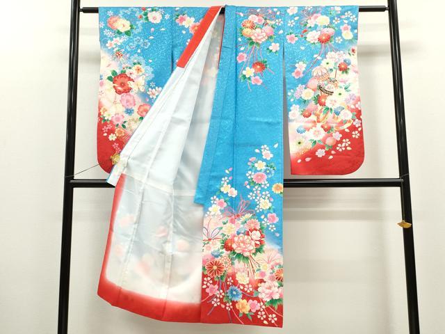 平和屋着物[]七五三　女の子　７歳　祝着　四つ身　飾り帯セット　花束鞠舞蝶文　暈し染め　金彩　洗える着物　CAAR6575ze