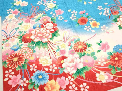 平和屋着物[]七五三　女の子　７歳　祝着　四つ身　飾り帯セット　花束鞠舞蝶文　暈し染め　金彩　洗える着物　CAAR6575ze
