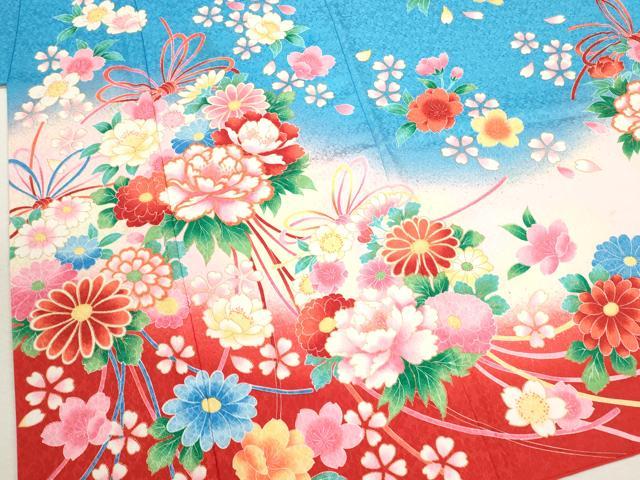 平和屋着物[]七五三　女の子　７歳　祝着　四つ身　飾り帯セット　花束鞠舞蝶文　暈し染め　金彩　洗える着物　CAAR6575ze