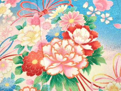 平和屋着物[]七五三　女の子　７歳　祝着　四つ身　飾り帯セット　花束鞠舞蝶文　暈し染め　金彩　洗える着物　CAAR6575ze