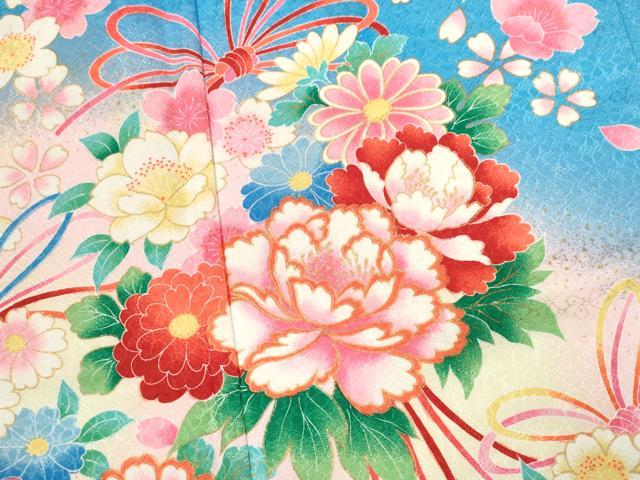 平和屋着物[]七五三　女の子　７歳　祝着　四つ身　飾り帯セット　花束鞠舞蝶文　暈し染め　金彩　洗える着物　CAAR6575ze