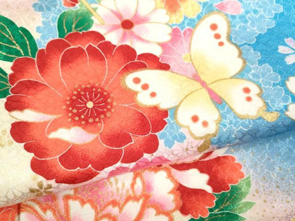 平和屋着物[]七五三　女の子　７歳　祝着　四つ身　飾り帯セット　花束鞠舞蝶文　暈し染め　金彩　洗える着物　CAAR6575ze