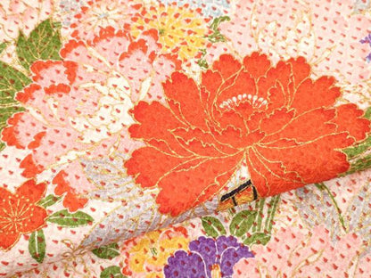 平和屋着物[]七五三　女の子　７歳　祝着　四つ身　長襦袢セット　総絞り　花車文　金彩　逸品　CAAR6592ze