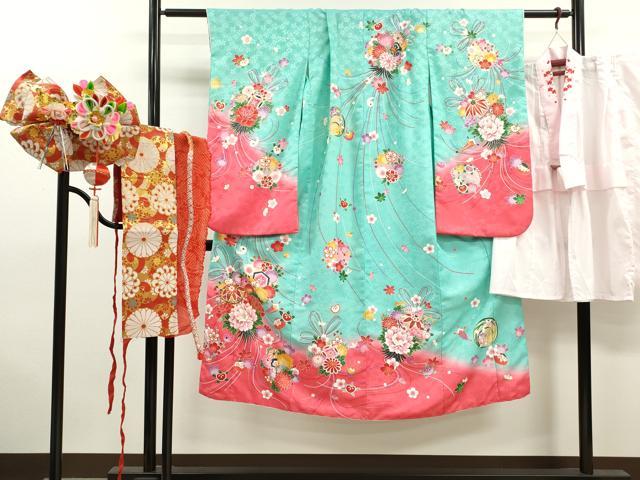平和屋着物[]七五三　女の子　７歳　祝着　四つ身　長襦袢・飾り帯・小物セット　鞠花束文　暈し染め　金彩　洗える着物　CAAR6598ze