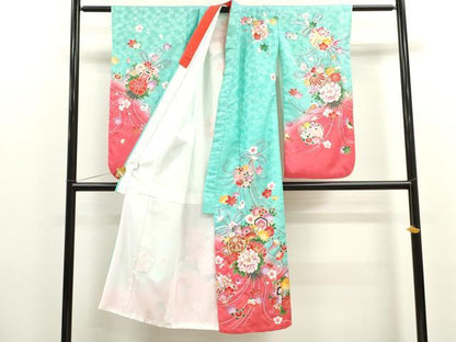 平和屋着物[]七五三　女の子　７歳　祝着　四つ身　長襦袢・飾り帯・小物セット　鞠花束文　暈し染め　金彩　洗える着物　CAAR6598ze