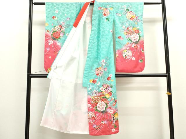 平和屋着物[]七五三　女の子　７歳　祝着　四つ身　長襦袢・飾り帯・小物セット　鞠花束文　暈し染め　金彩　洗える着物　CAAR6598ze