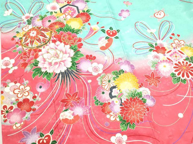 平和屋着物[]七五三　女の子　７歳　祝着　四つ身　長襦袢・飾り帯・小物セット　鞠花束文　暈し染め　金彩　洗える着物　CAAR6598ze