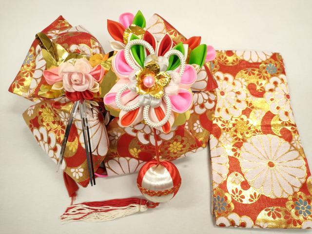 平和屋着物[]七五三　女の子　７歳　祝着　四つ身　長襦袢・飾り帯・小物セット　鞠花束文　暈し染め　金彩　洗える着物　CAAR6598ze
