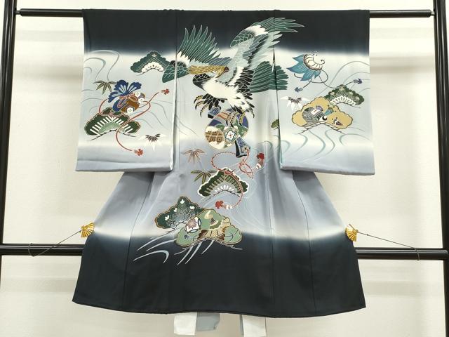 平和屋着物[]お宮参り　男の子　祝着　産着　初着　のしめ　鷹　宝尽くし松笹文　暈し染め　金彩　逸品　CAAR6616ze