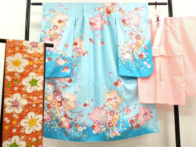 平和屋着物[]七五三　女の子　７歳　祝着　四つ身　襦袢・袋帯セット　花束文　暈し染め　金彩　洗える着物　CAAR6651ze