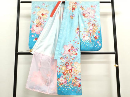 平和屋着物[]七五三　女の子　７歳　祝着　四つ身　襦袢・袋帯セット　花束文　暈し染め　金彩　洗える着物　CAAR6651ze