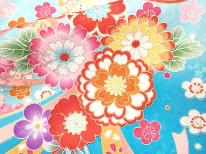 平和屋着物[]七五三　女の子　７歳　祝着　四つ身　襦袢・袋帯セット　花束文　暈し染め　金彩　洗える着物　CAAR6651ze