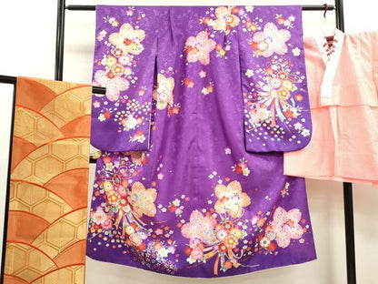 平和屋着物[]七五三　女の子　７歳　祝着　四つ身　襦袢・袋帯セット　花束文　暈し染め　金彩　洗える着物　CAAR6653ze