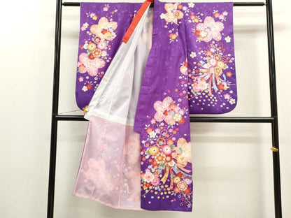 平和屋着物[]七五三　女の子　７歳　祝着　四つ身　襦袢・袋帯セット　花束文　暈し染め　金彩　洗える着物　CAAR6653ze