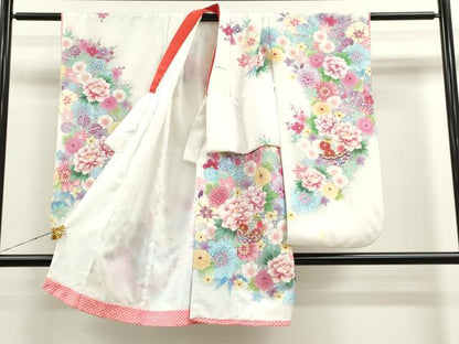 平和屋着物[]七五三　女の子　３歳　祝着　三つ身　長襦袢・帯・小物セット　駒刺繍　鞠草花文　金彩　洗える着物　CAAR6655ze