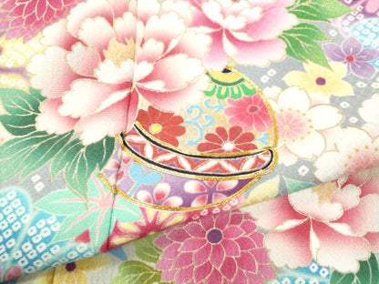 平和屋着物[]七五三　女の子　３歳　祝着　三つ身　長襦袢・帯・小物セット　駒刺繍　鞠草花文　金彩　洗える着物　CAAR6655ze