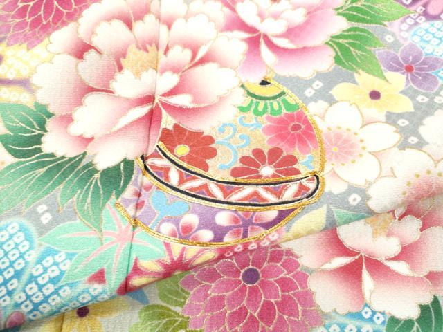 平和屋着物[]七五三　女の子　３歳　祝着　三つ身　長襦袢・帯・小物セット　駒刺繍　鞠草花文　金彩　洗える着物　CAAR6655ze