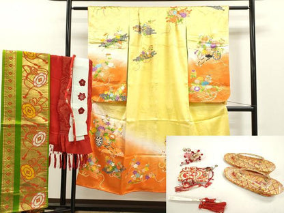 平和屋着物∵女の子　十三参り　子供　祝着・袋帯・小物セット　駒刺繍　花車文　暈し染め　金彩　逸品　CAAR6657ze