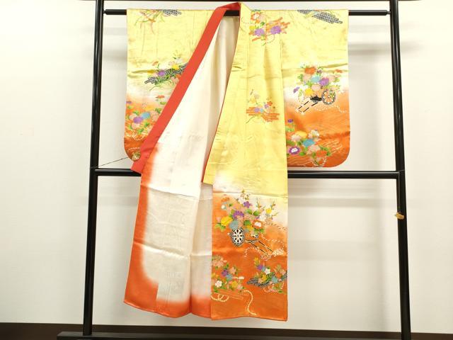 平和屋着物∵女の子　十三参り　子供　祝着・袋帯・小物セット　駒刺繍　花車文　暈し染め　金彩　逸品　CAAR6657ze