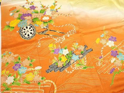 平和屋着物∵女の子　十三参り　子供　祝着・袋帯・小物セット　駒刺繍　花車文　暈し染め　金彩　逸品　CAAR6657ze