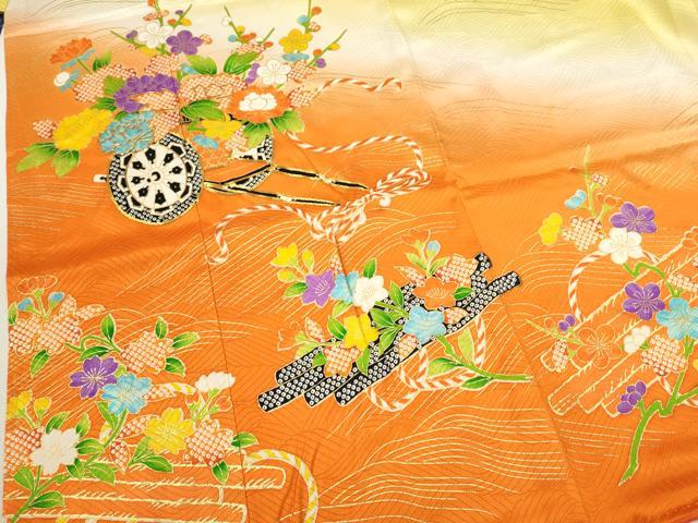 平和屋着物∵女の子　十三参り　子供　祝着・袋帯・小物セット　駒刺繍　花車文　暈し染め　金彩　逸品　CAAR6657ze