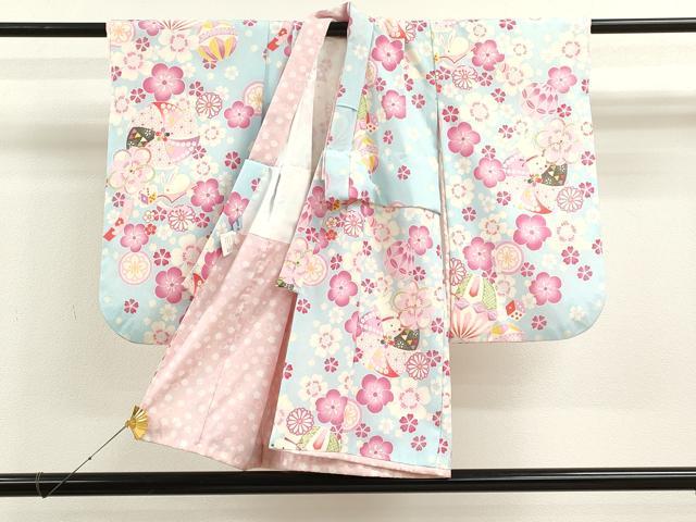 平和屋着物[]七五三　女の子　３歳　祝着　三つ身　長襦袢・被布セット　子犬　兎　鞠花文　洗える着物　CAAR6684ze
