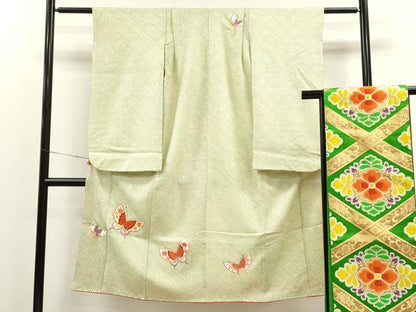 平和屋着物[]七五三　女の子　７歳　祝着　四つ身　袋帯セット　総絞り　刺繍　舞蝶文　金糸　逸品　CAAR6722ze