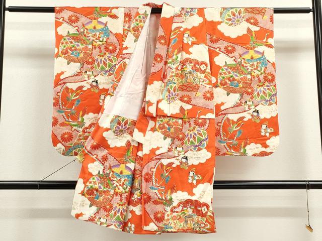 平和屋着物[]七五三　女の子　３歳　祝着　三つ身　長襦袢・被布・巾着セット　童子飛鶴吉祥花文　金彩　逸品　CAAR6732ze