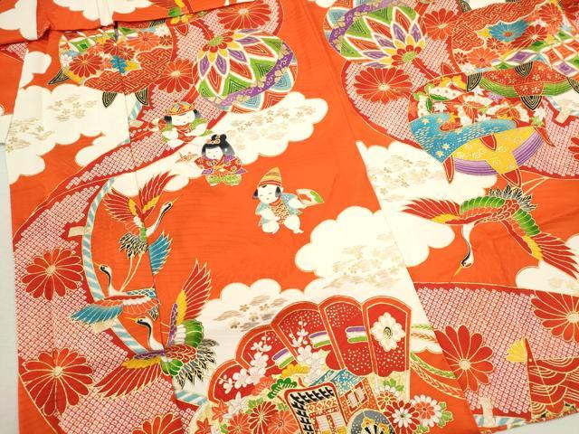 平和屋着物[]七五三　女の子　３歳　祝着　三つ身　長襦袢・被布・巾着セット　童子飛鶴吉祥花文　金彩　逸品　CAAR6732ze
