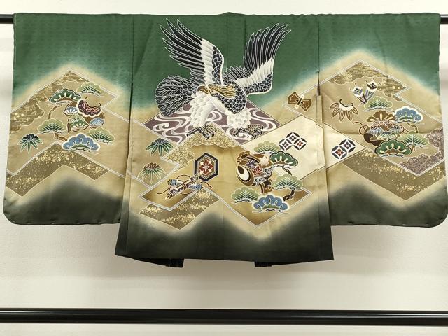 平和屋着物[]七五三　男の子　祝着・羽織・長襦袢・行灯袴・小物セット　色無地　菱飛鶴地紋　千歳緑色　逸品　未使用　CAAR6744ze