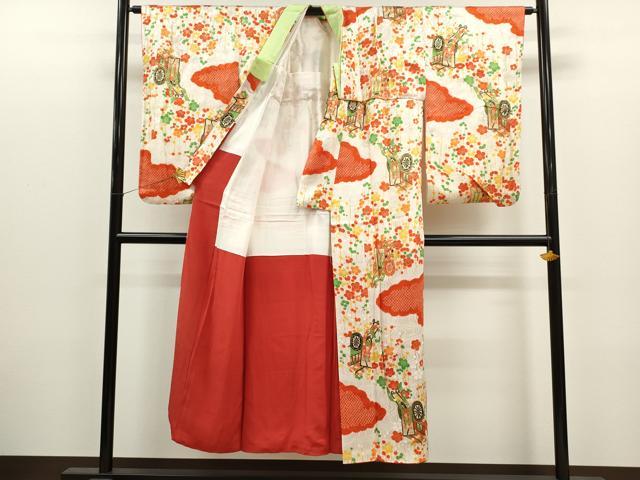 平和屋着物∵女の子　十三参り　子供　祝着　絞り　雲取り御所車梅文　金彩　逸品　CAAR6750ze