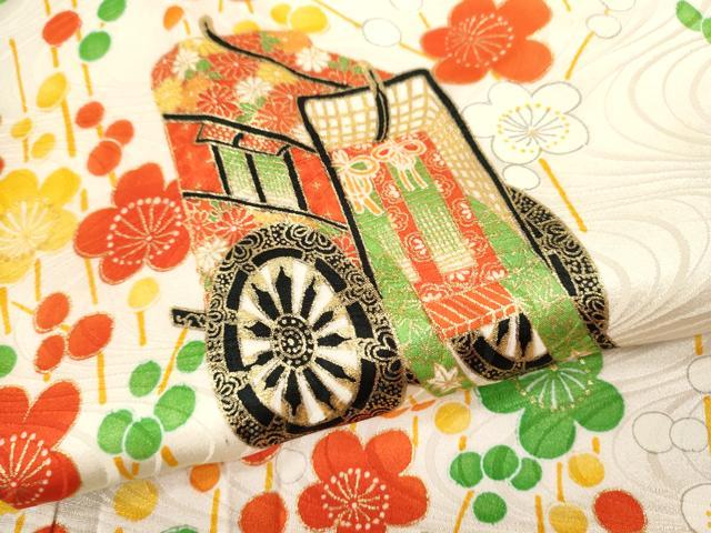 平和屋着物∵女の子　十三参り　子供　祝着　絞り　雲取り御所車梅文　金彩　逸品　CAAR6750ze