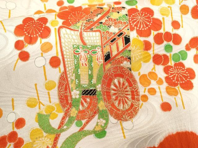 平和屋着物∵女の子　十三参り　子供　祝着　絞り　雲取り御所車梅文　金彩　逸品　CAAR6750ze