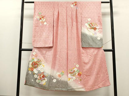 平和屋着物[]七五三　女の子　７歳　祝着　四つ身　総絞り　駒刺繍　鈴舞花文　暈し染め　金彩　逸品　CAAR6754ze