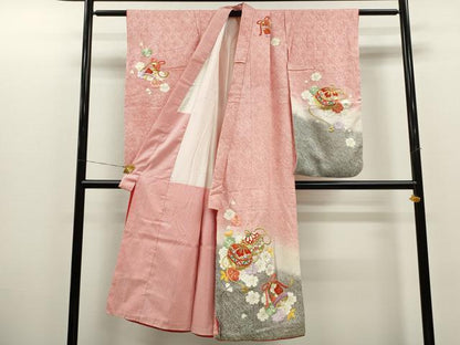 平和屋着物[]七五三　女の子　７歳　祝着　四つ身　総絞り　駒刺繍　鈴舞花文　暈し染め　金彩　逸品　CAAR6754ze