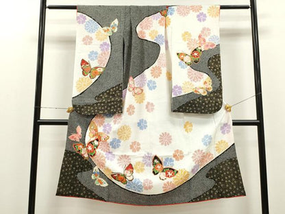 平和屋着物[]七五三　女の子　７歳　祝着　四つ身　刺繍　舞蝶草花文　金彩　洗える着物　CAAR6795ze