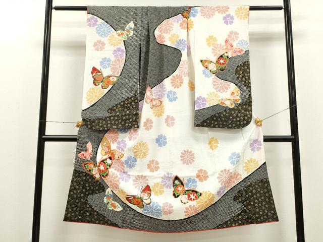 平和屋着物[]七五三　女の子　７歳　祝着　四つ身　刺繍　舞蝶草花文　金彩　洗える着物　CAAR6795ze