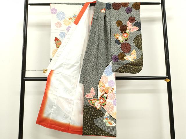 平和屋着物[]七五三　女の子　７歳　祝着　四つ身　刺繍　舞蝶草花文　金彩　洗える着物　CAAR6795ze