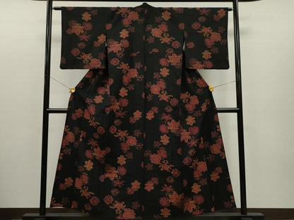 平和屋着物▽小紋　単衣　草花文　ウール　CAAR6880dy