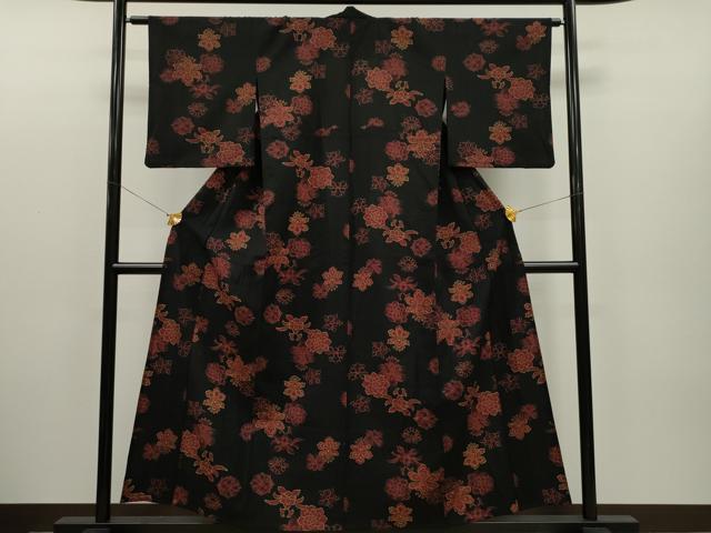 平和屋着物▽小紋　単衣　草花文　ウール　CAAR6880dy