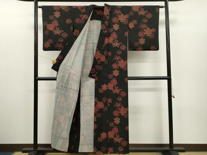 平和屋着物▽小紋　単衣　草花文　ウール　CAAR6880dy