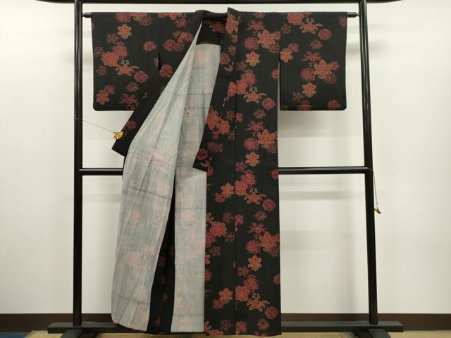 平和屋着物▽小紋　単衣　草花文　ウール　CAAR6880dy