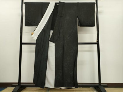 平和屋着物▽上質な小紋 単衣 草花文 黒地 正絹 逸品 CAAR6884dy