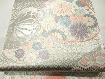 平和屋着物◎六通柄袋帯 唐織 菊唐草文 銀糸 正絹 逸品 CAAR7453yk